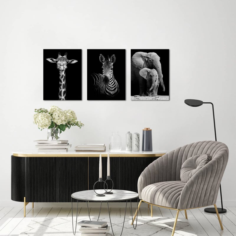 Visual Art Decor Black and White African Wildlife Canvas Wall Art Animal Zebra Giraffe Elephant Portrait Picture Poster Artwork for Home Living Room Bedroom Room Kids Room Office Wall Decoration Ready to Hang - Image 5